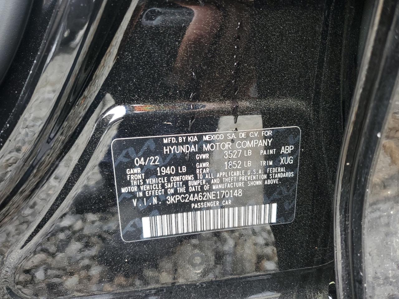 2022 HYUNDAI ACCENT SE VIN:3KPC24A62NE170148