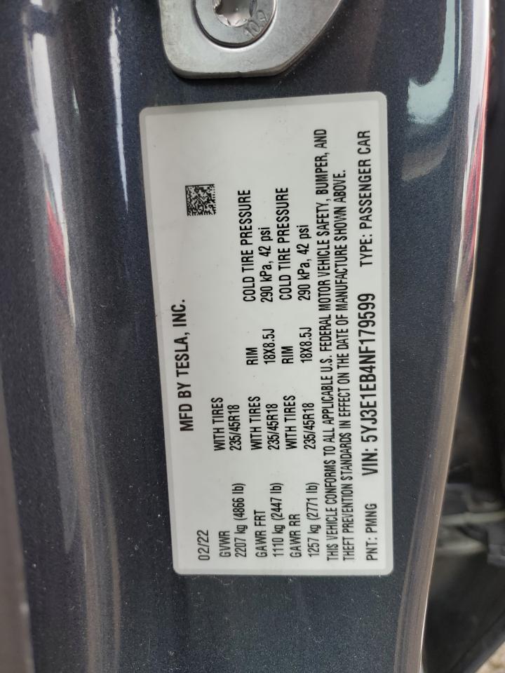 2022 TESLA MODEL 3  VIN:5YJ3E1EB4NF179599