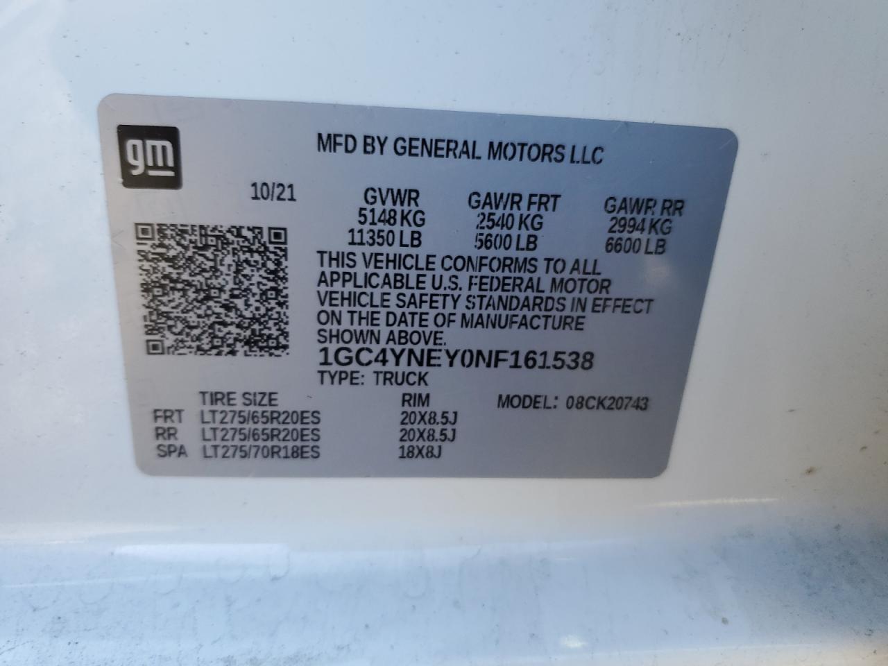 2022 CHEVROLET SILVERADO K2500 HEAVY DUTY LT VIN:1GC4YNEY0NF161538