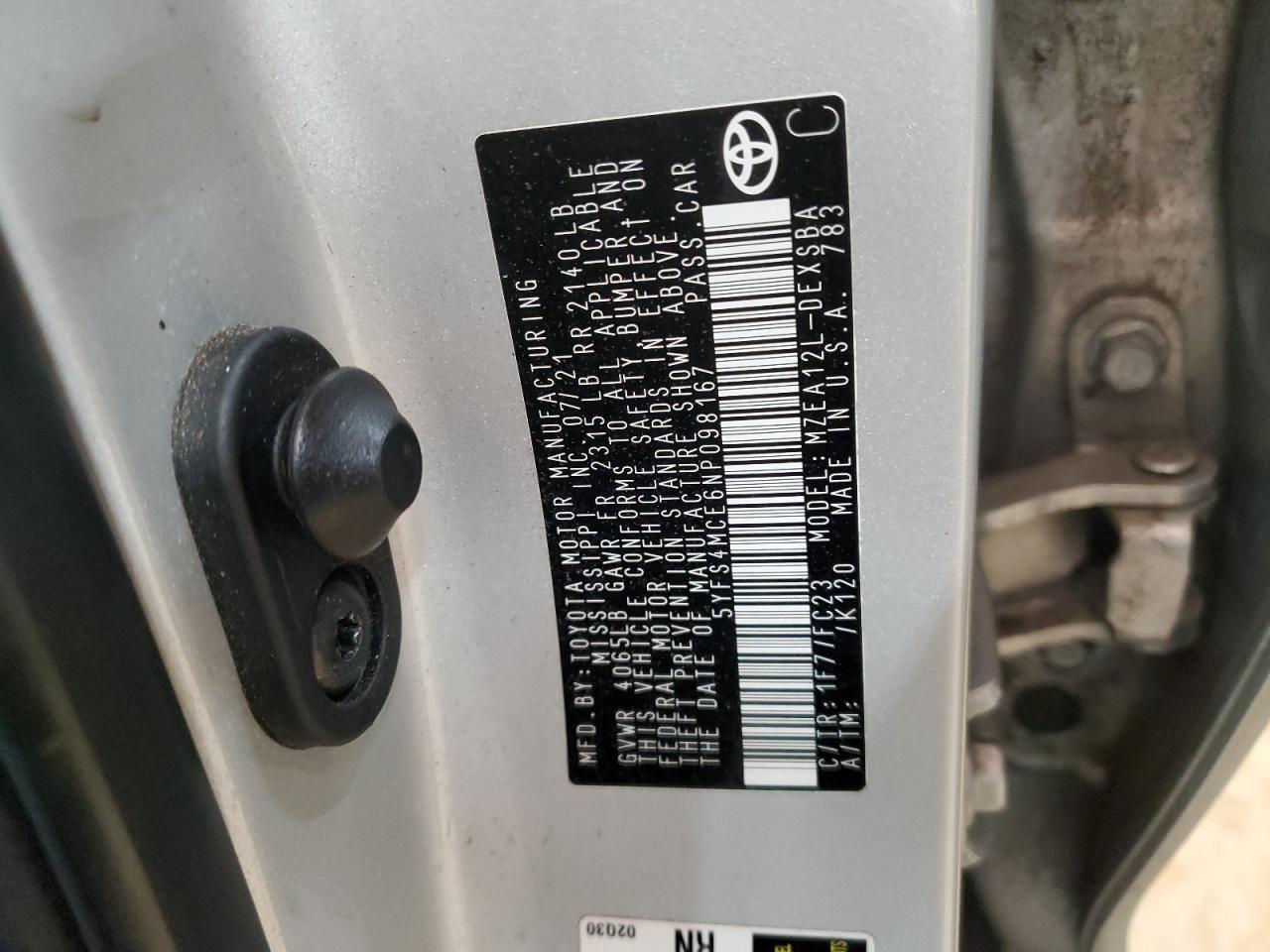 2022 TOYOTA COROLLA SE VIN:5YFS4MCE6NP098167