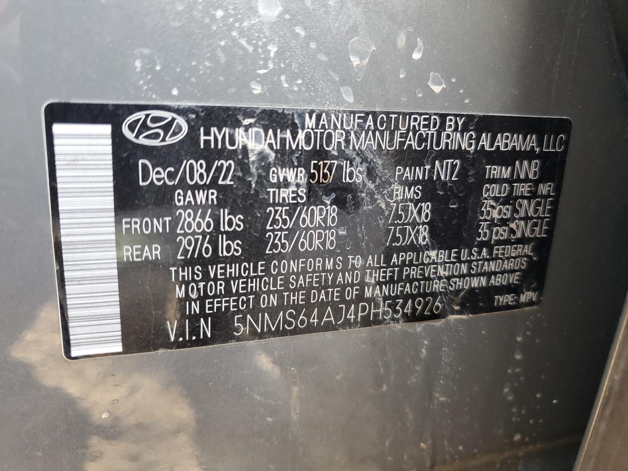 2023 HYUNDAI SANTA FE XRT VIN:5NMS64AJ4PH534926