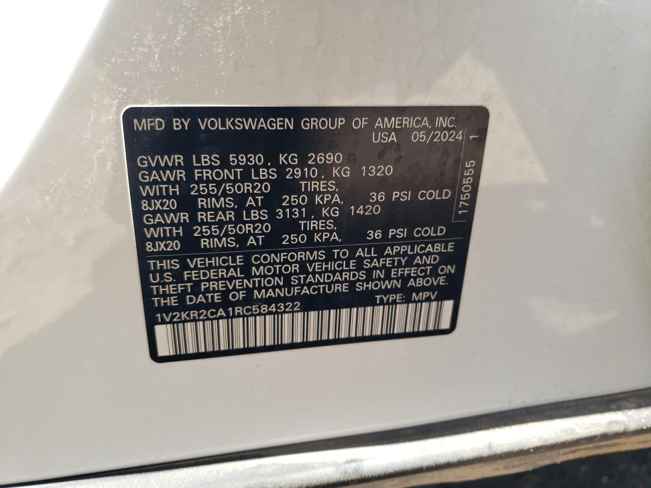 2024 VOLKSWAGEN ATLAS SE VIN:1V2KR2CA1RC584322