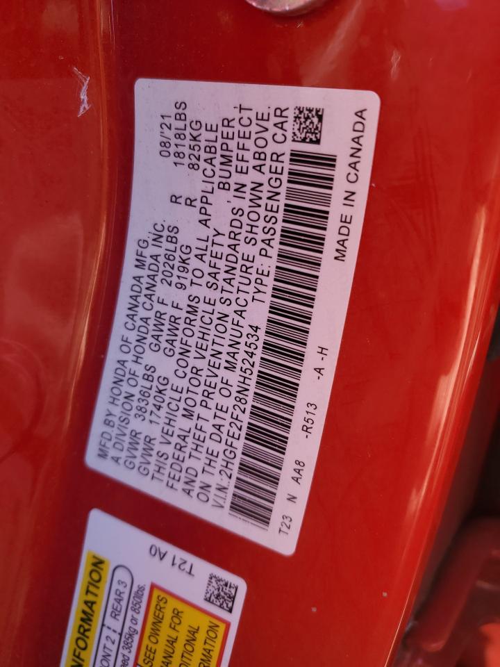 2022 HONDA CIVIC LX VIN:2HGFE2F28NH524534