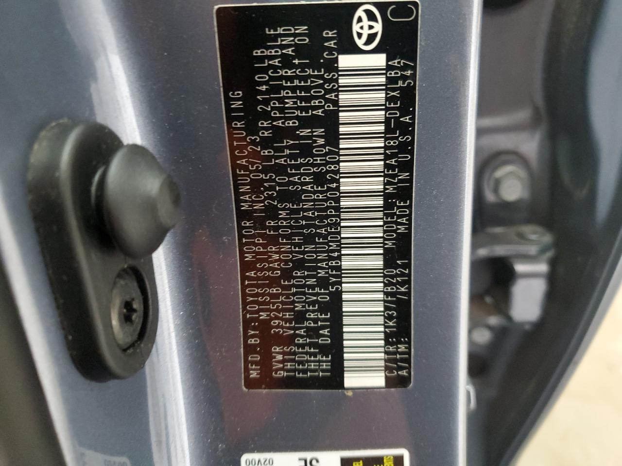 2023 TOYOTA COROLLA LE VIN:5YFB4MDE9PP042807
