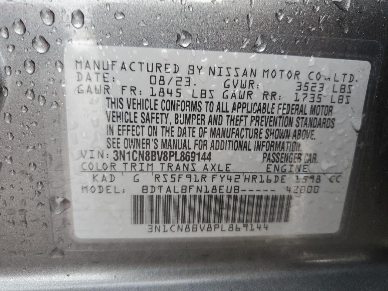 2023 NISSAN VERSA S VIN:3N1CN8BV8PL869144