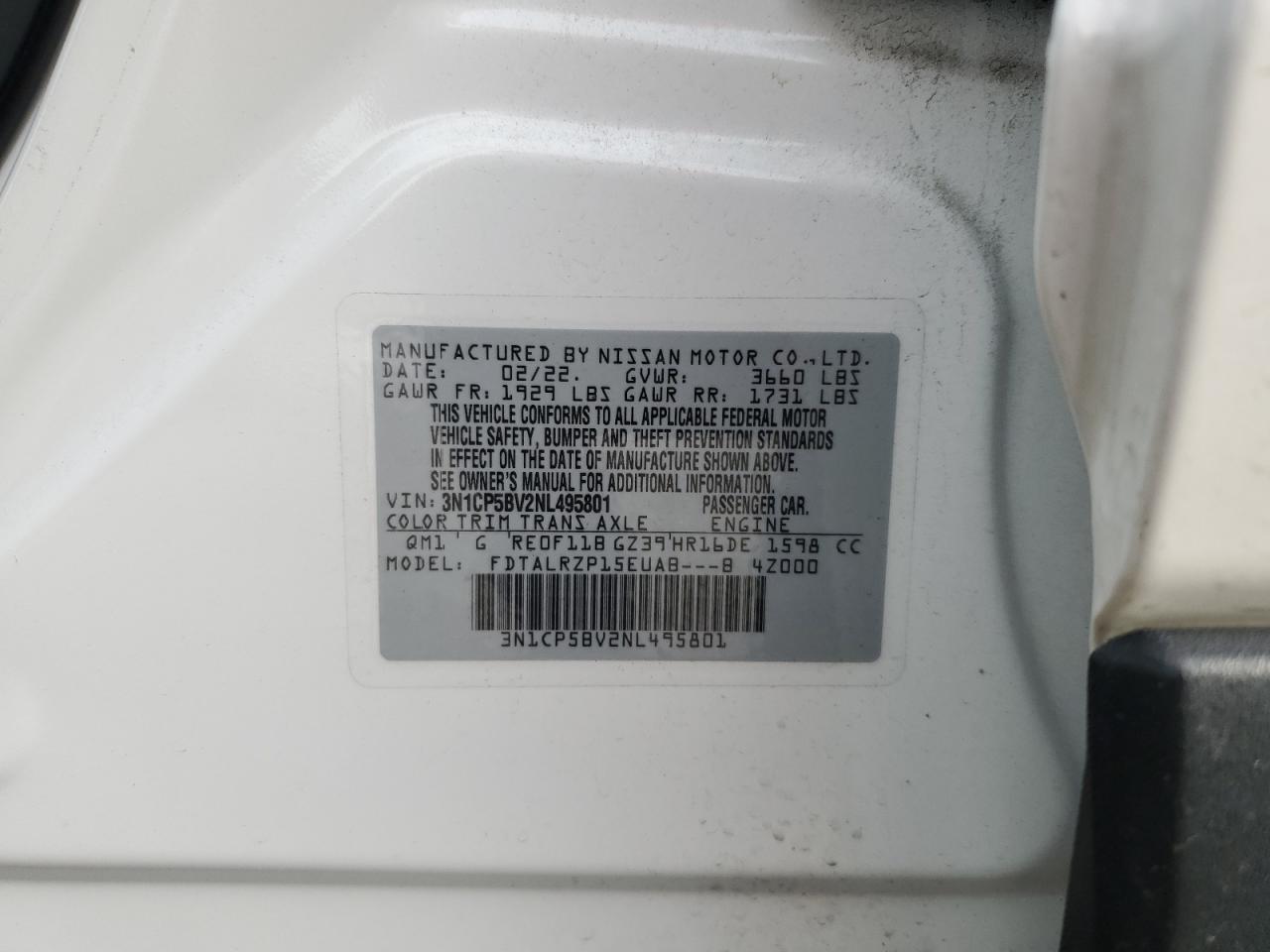 2022 NISSAN KICKS S VIN:3N1CP5BV2NL495801