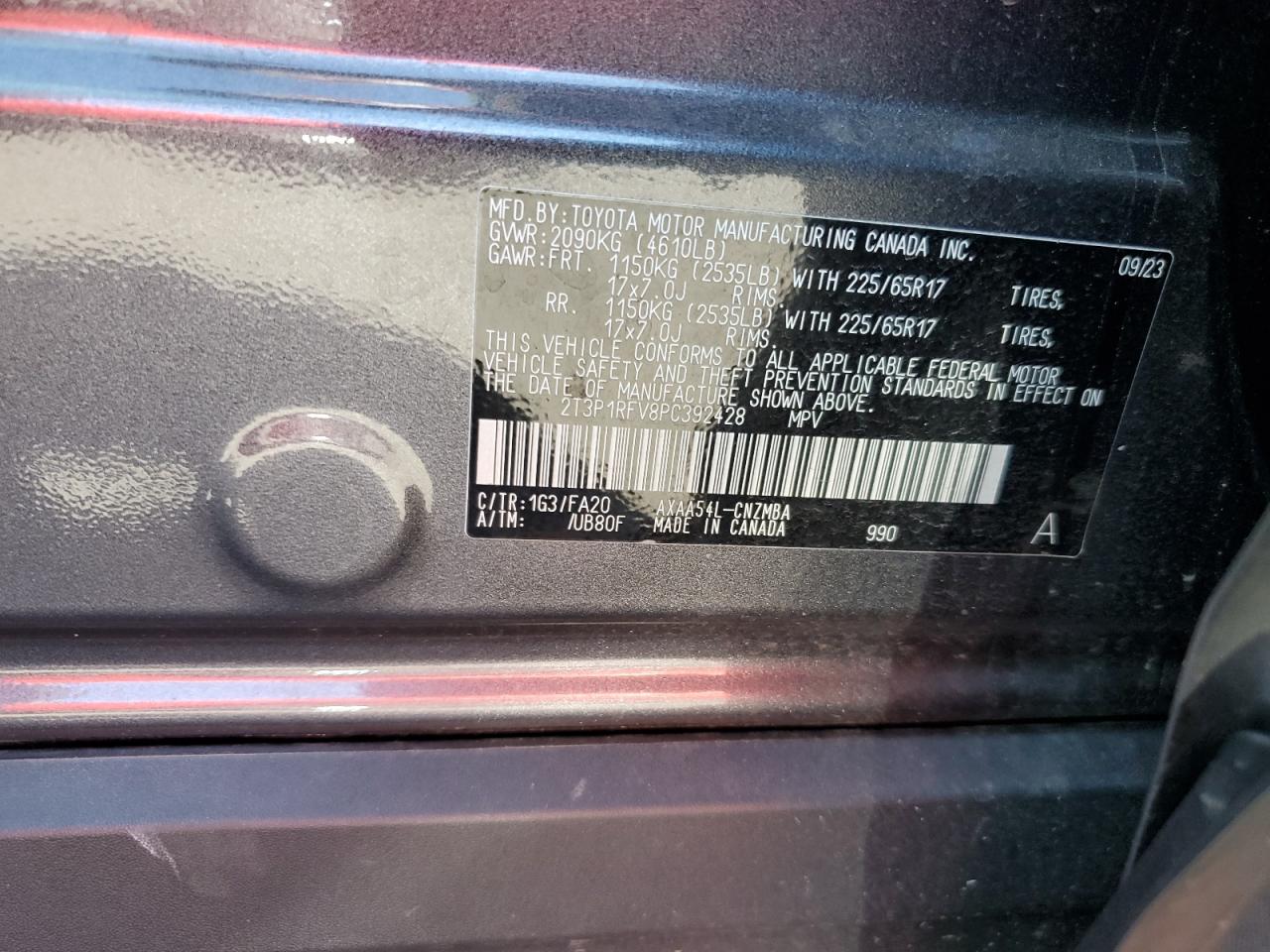 2023 TOYOTA RAV4 XLE VIN:2T3P1RFV8PC392428