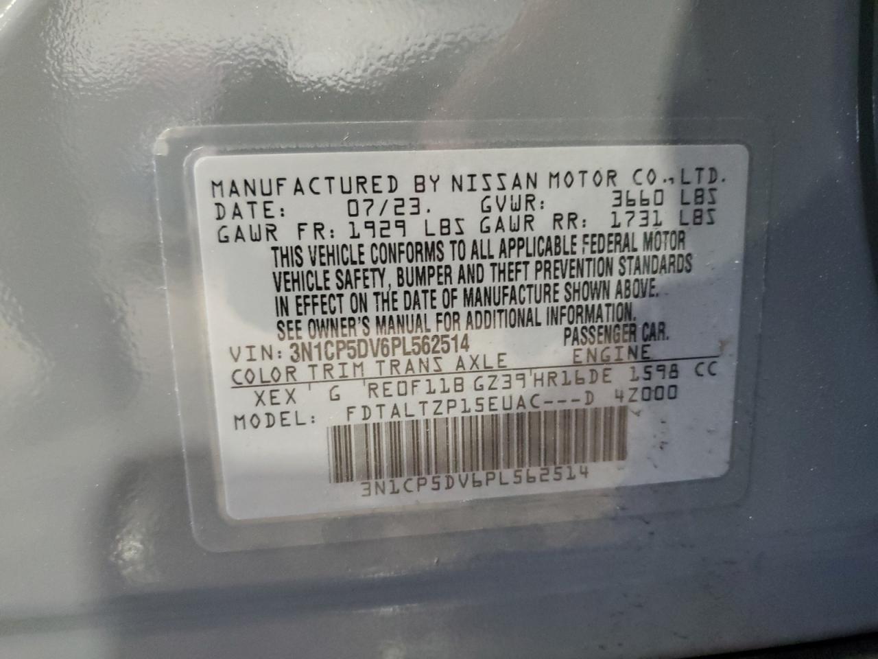 2023 NISSAN KICKS SR VIN:3N1CP5DV6PL562514