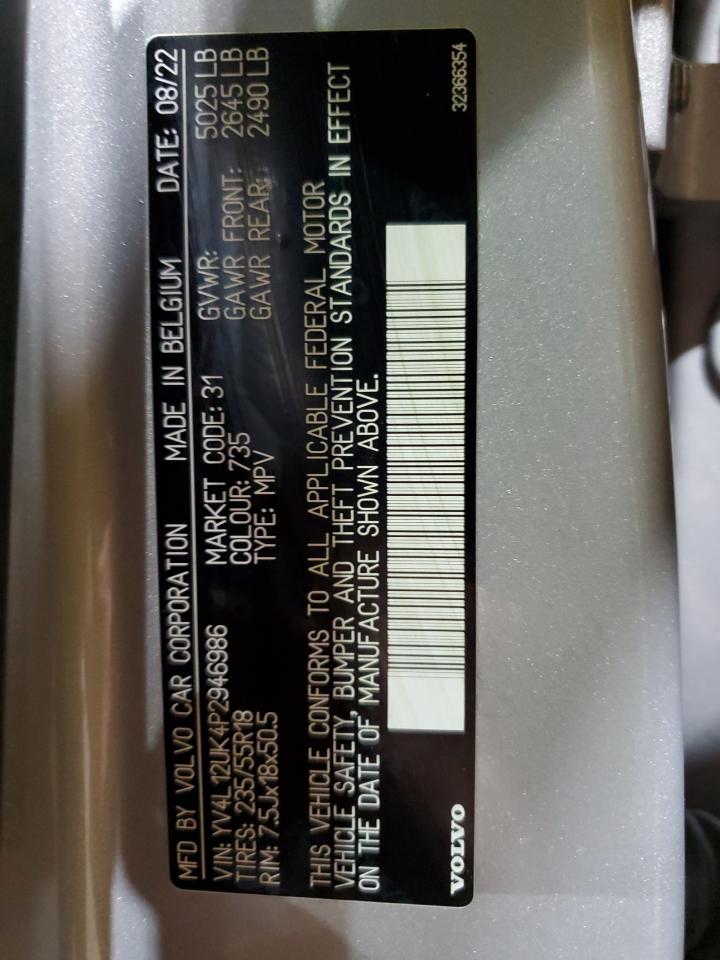 2023 VOLVO XC40 CORE VIN:YV4L12UK4P2946986