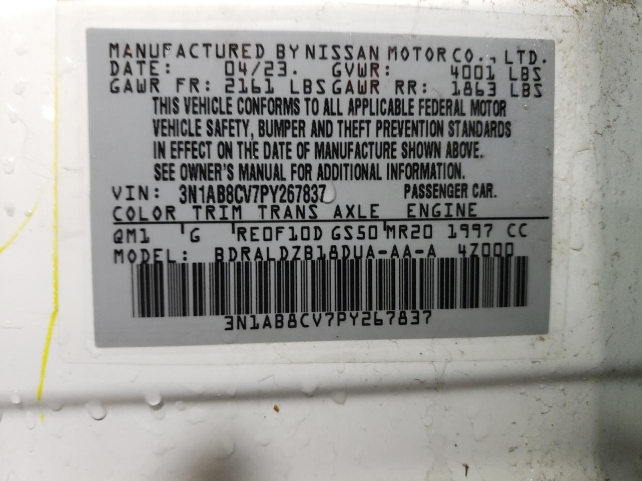 2023 NISSAN SENTRA SV VIN:3N1AB8CV7PY267837