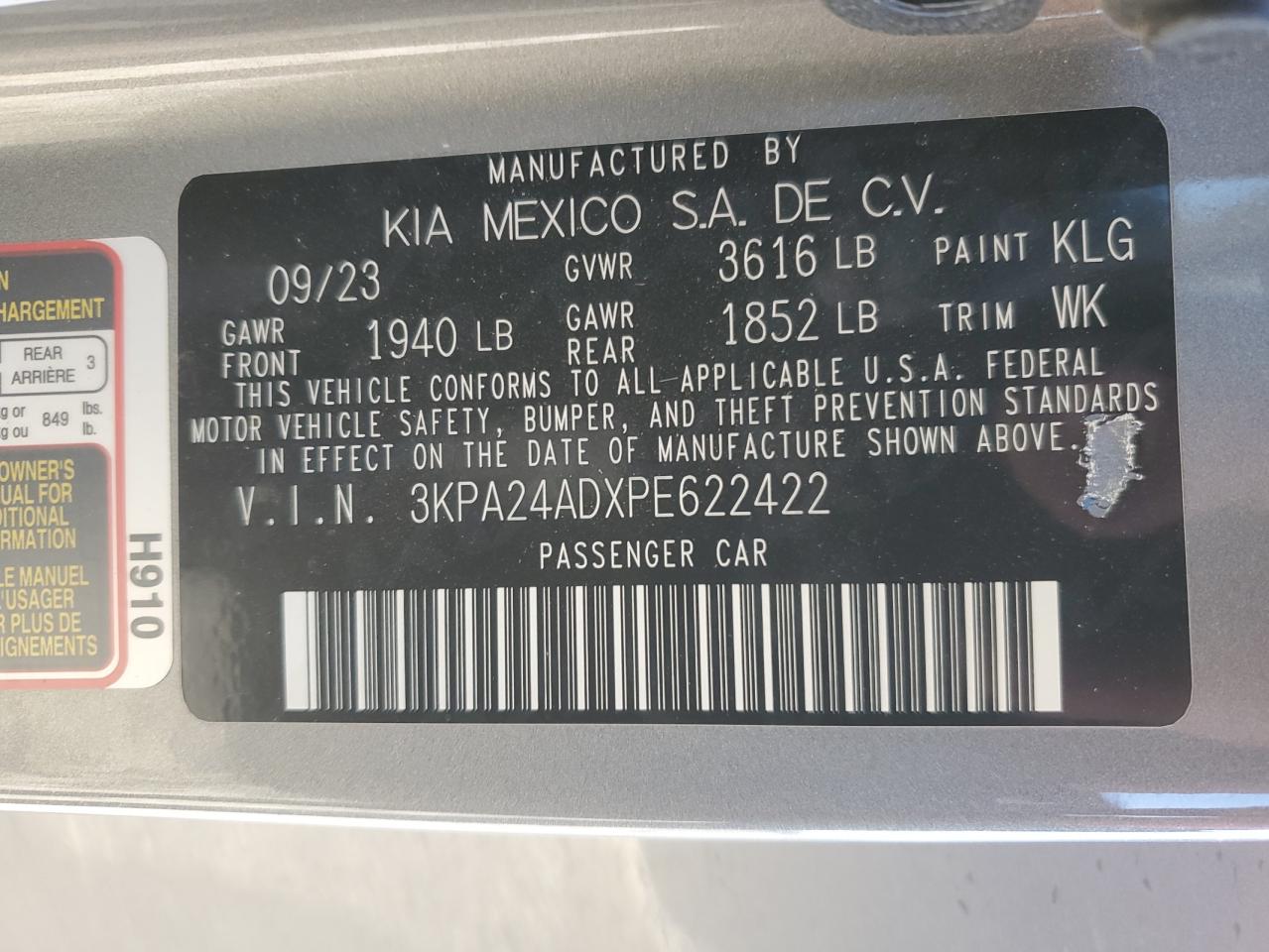 2023 KIA RIO LX VIN:3KPA24ADXPE622422