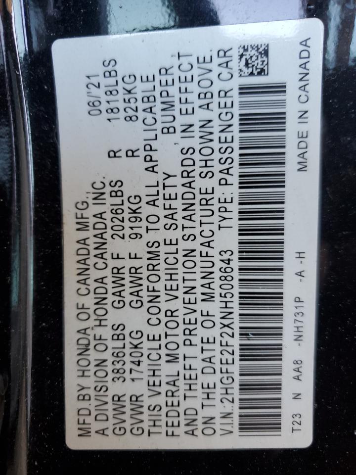 2022 HONDA CIVIC LX VIN:2HGFE2F2XNH508643