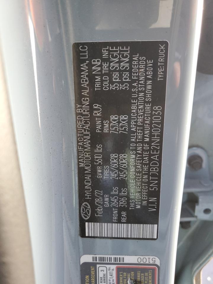 2022 HYUNDAI SANTA CRUZ SEL VIN:5NTJBDAE2NH021038