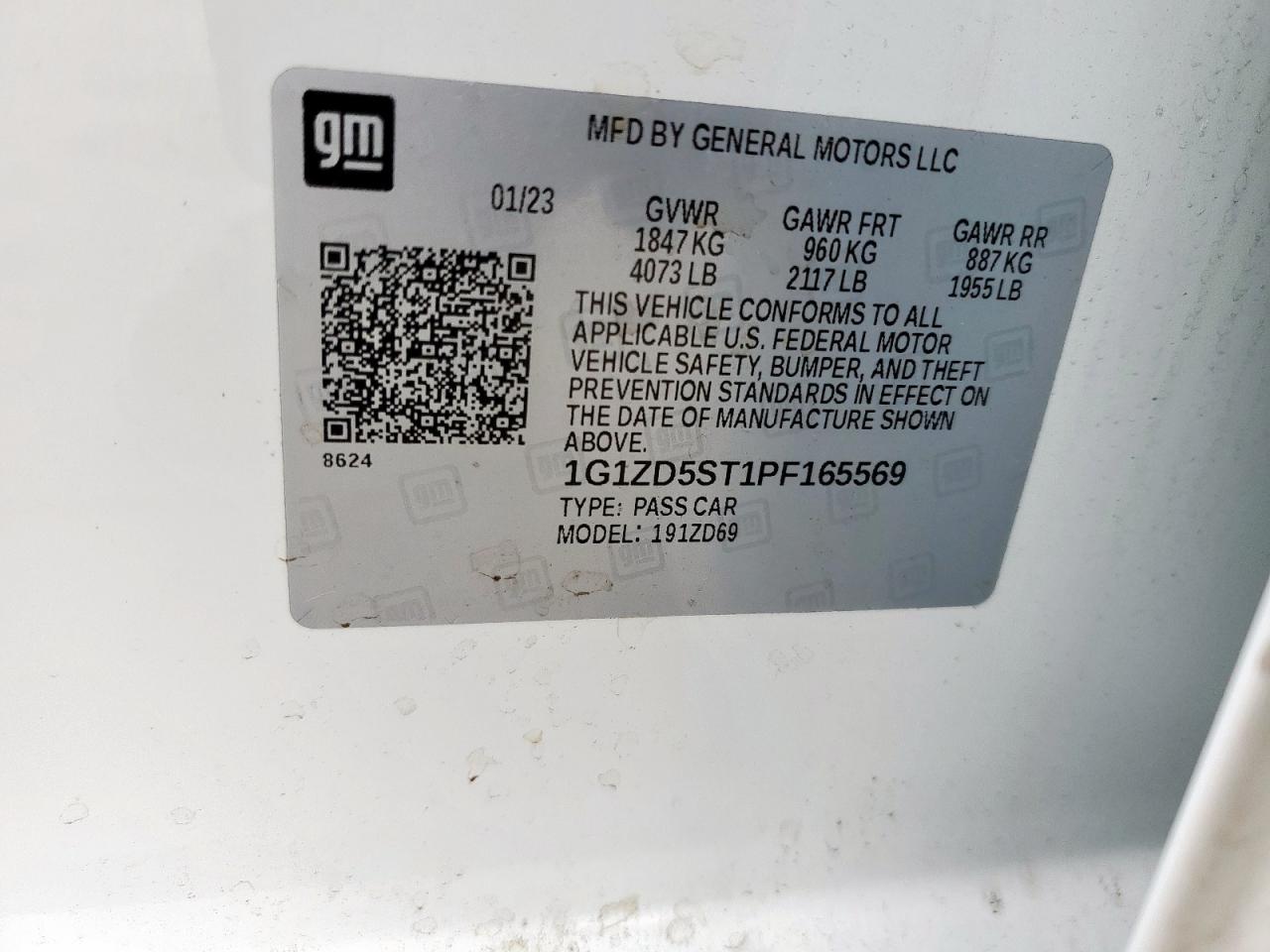 2023 CHEVROLET MALIBU LT VIN:1G1ZD5ST1PF165569