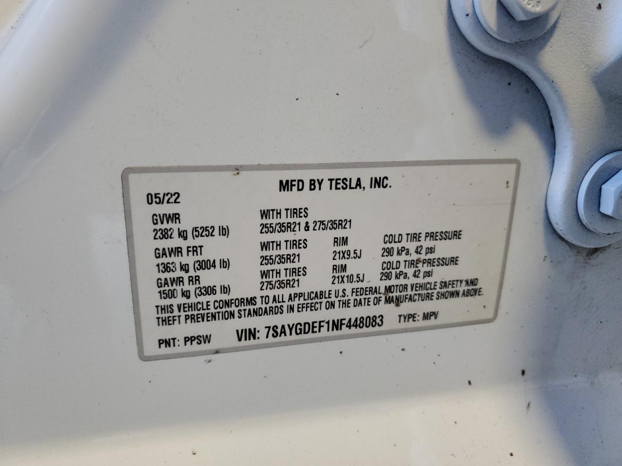 2022 TESLA MODEL Y  VIN:7SAYGDEF1NF448083