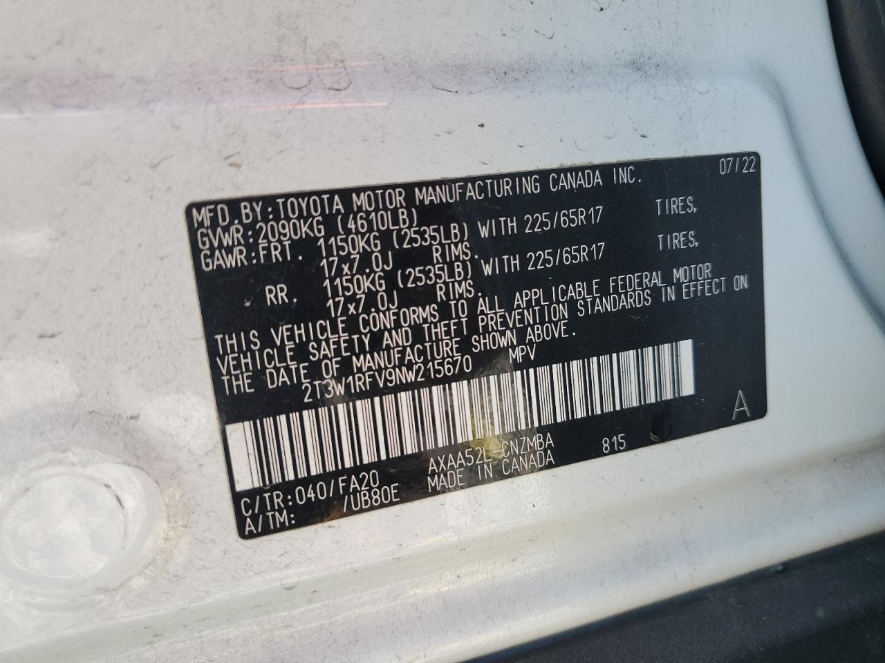 2022 TOYOTA RAV4 XLE VIN:2T3W1RFV9NW215670