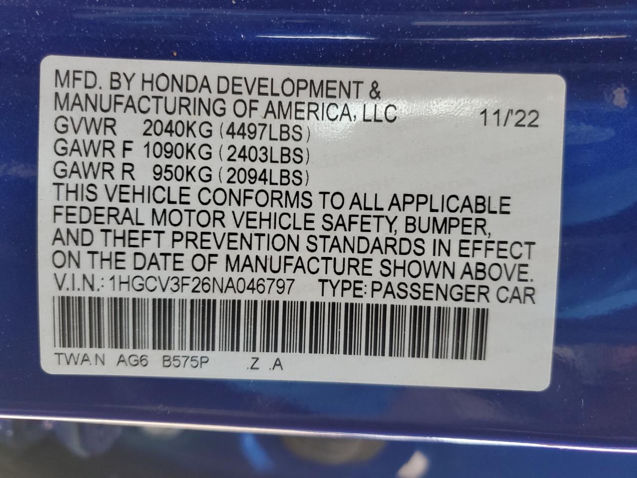 2022 HONDA ACCORD HYBRID SPORT VIN:1HGCV3F26NA046797