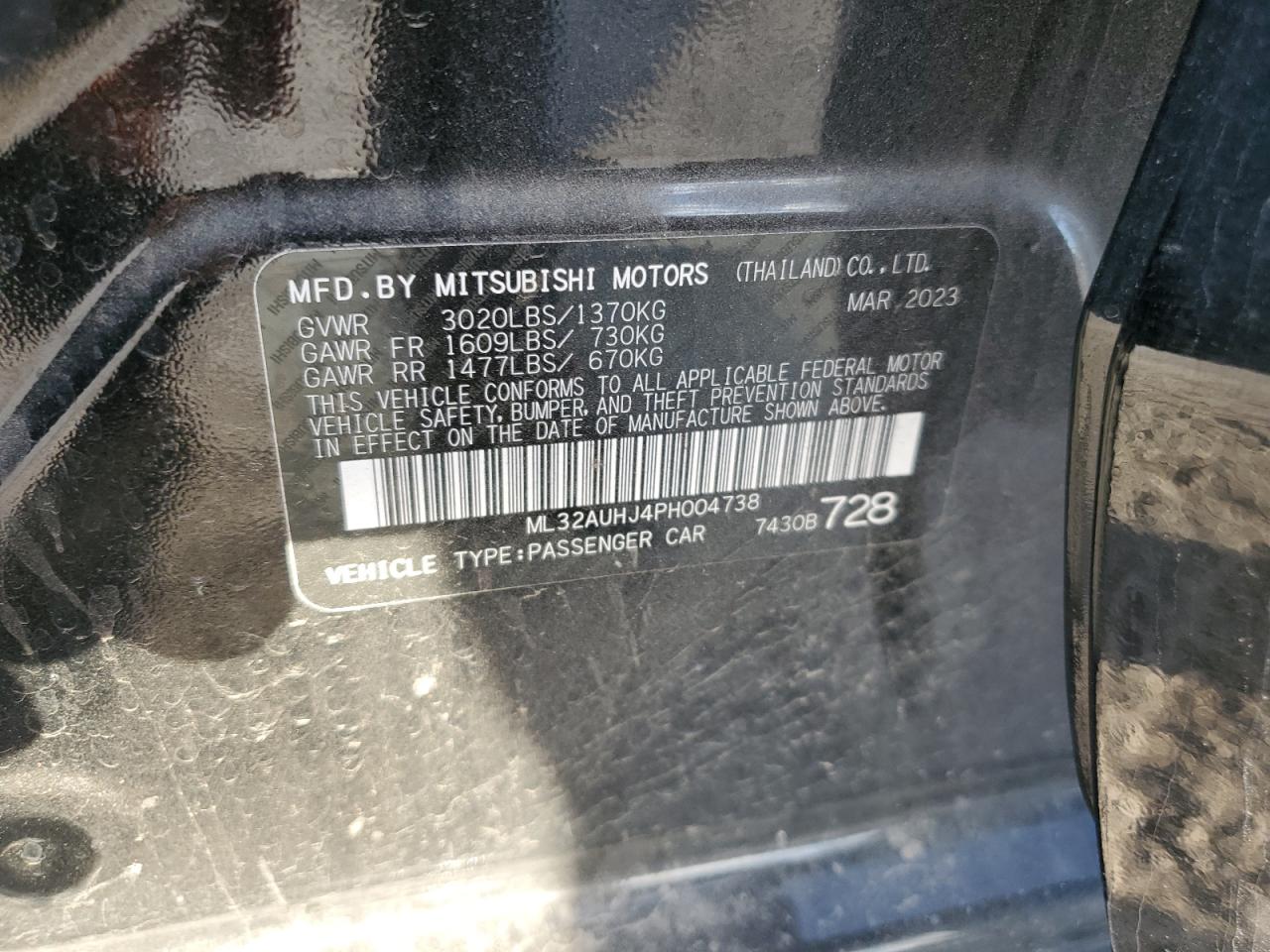 2023 MITSUBISHI MIRAGE ES VIN:ML32AUHJ4PH004738