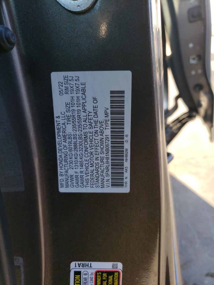 2022 HONDA ODYSSEY TOURING VIN:5FNRL6H81NB067291