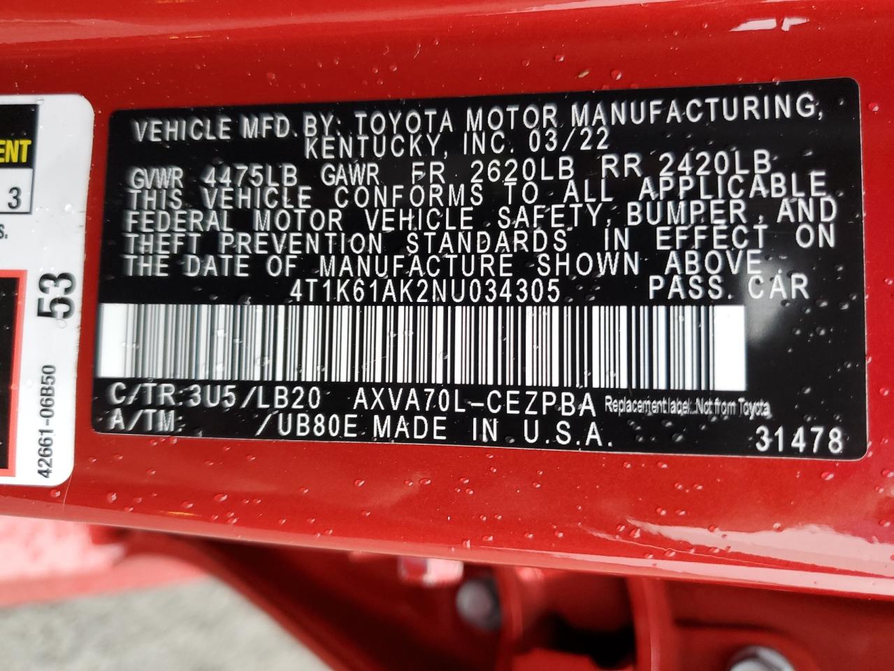 2022 TOYOTA CAMRY XSE VIN:4T1K61AK2NU034305