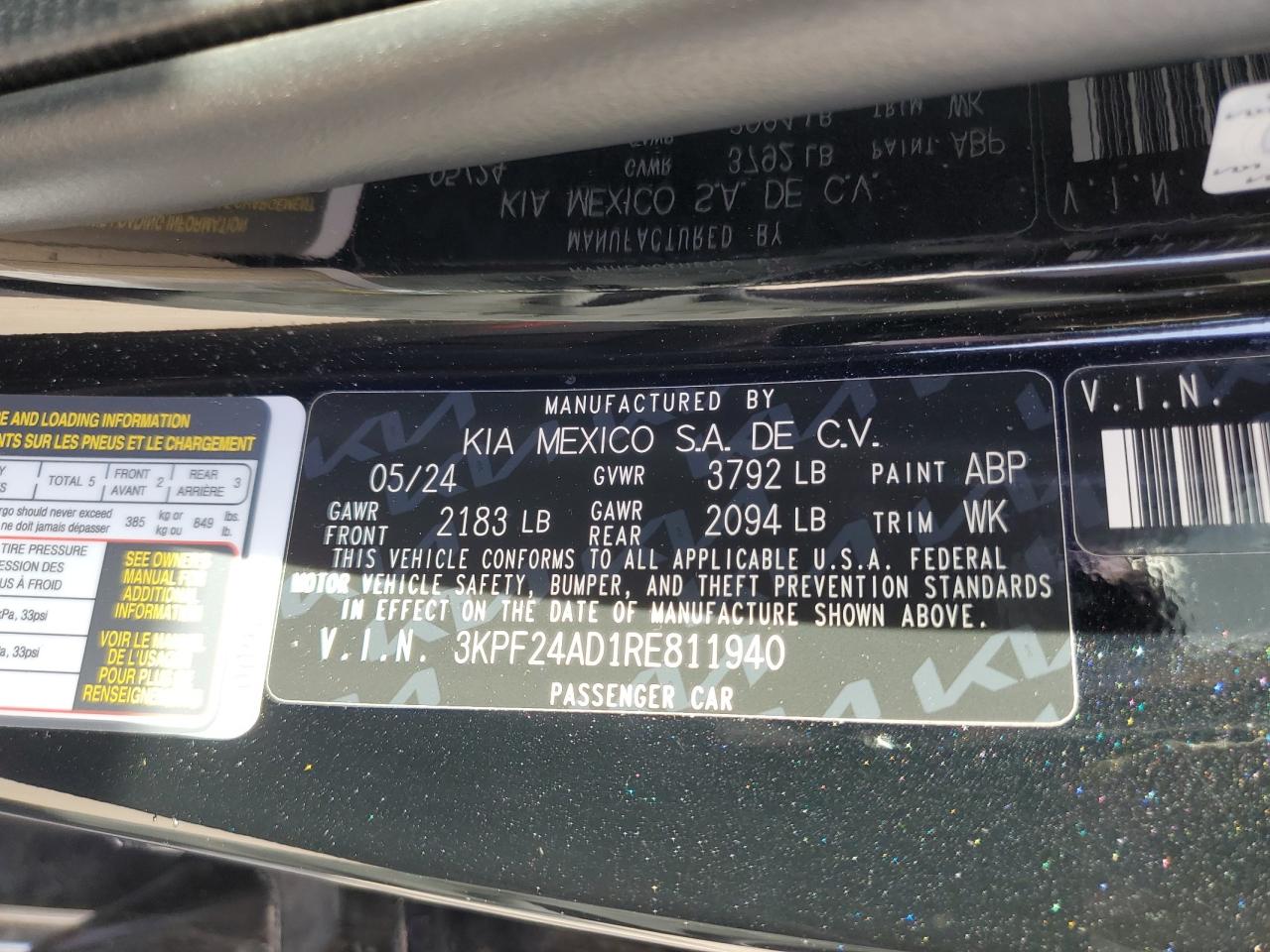 2024 KIA FORTE LX VIN:3KPF24AD1RE811940