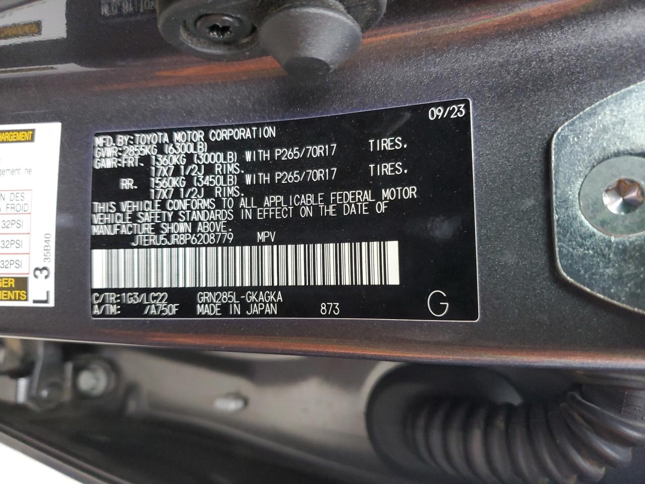 2023 TOYOTA 4RUNNER SE VIN:JTERU5JR8P6208779