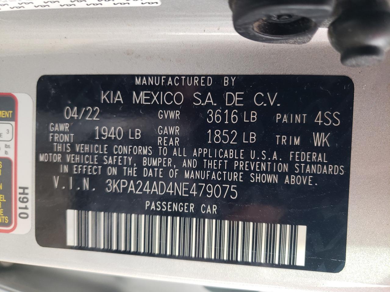 2022 KIA RIO LX VIN:3KPA24AD4NE479075