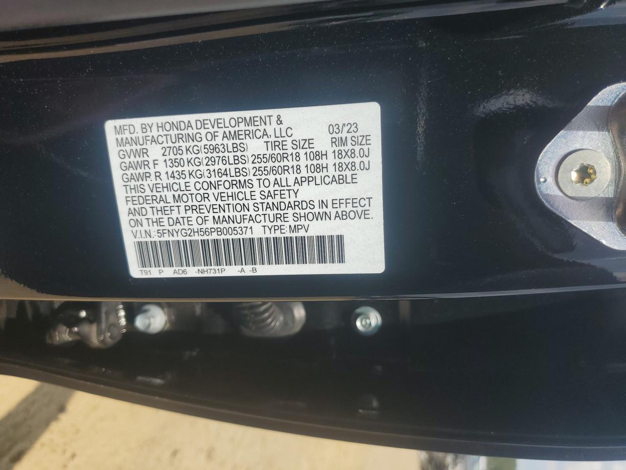 2023 HONDA PILOT EXL VIN:5FNYG2H56PB005371