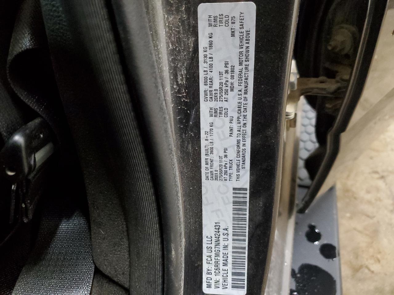 2022 RAM 1500 BIG HORN/LONE STAR VIN:1C6RRFMG7NN424431