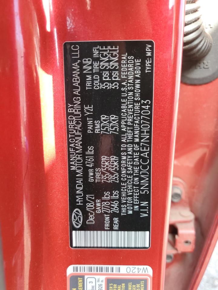 2022 HYUNDAI TUCSON SEL VIN:5NMJCCAE7NH077043