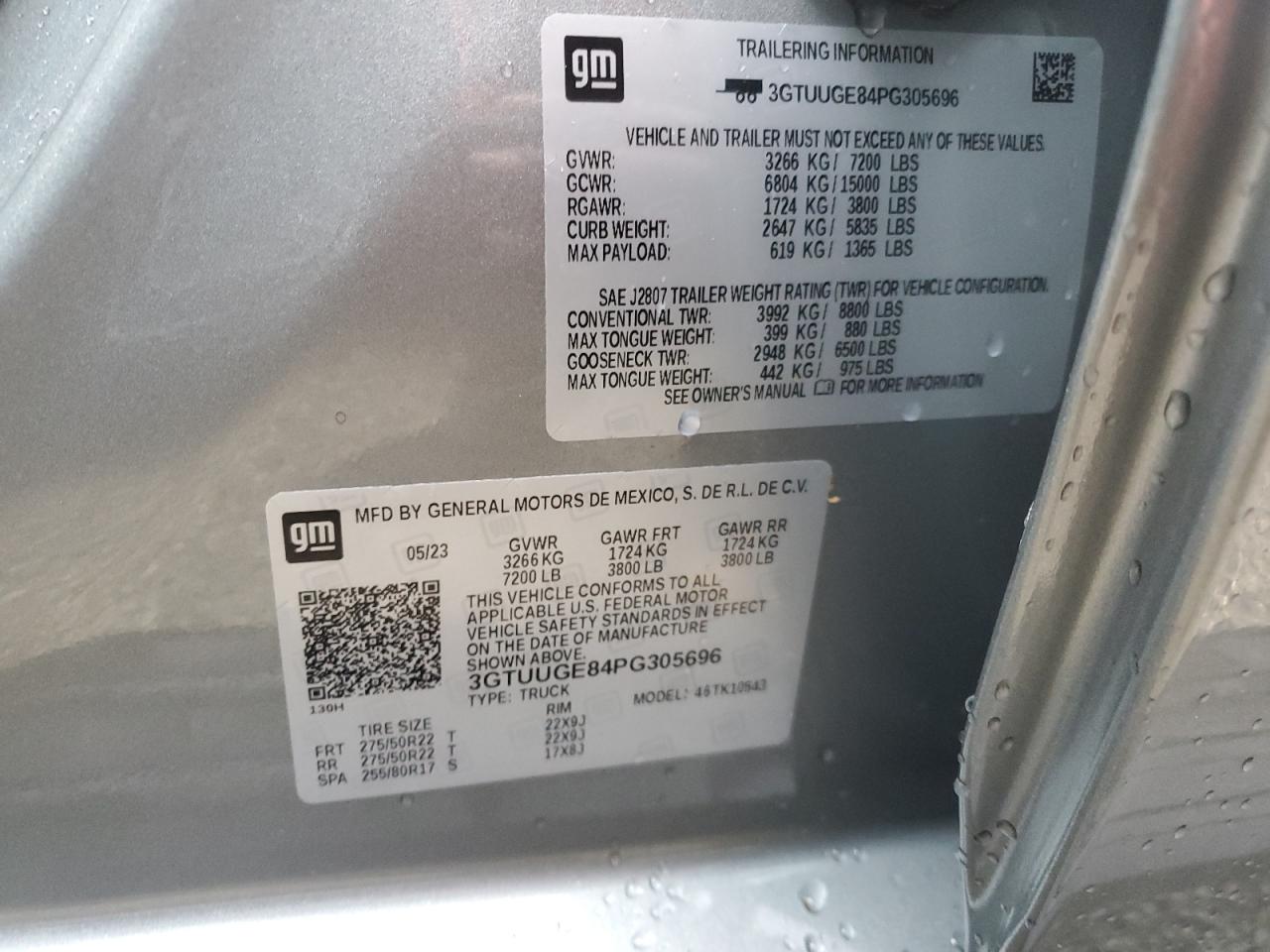 2023 GMC SIERRA K1500 DENALI VIN:3GTUUGE84PG305696