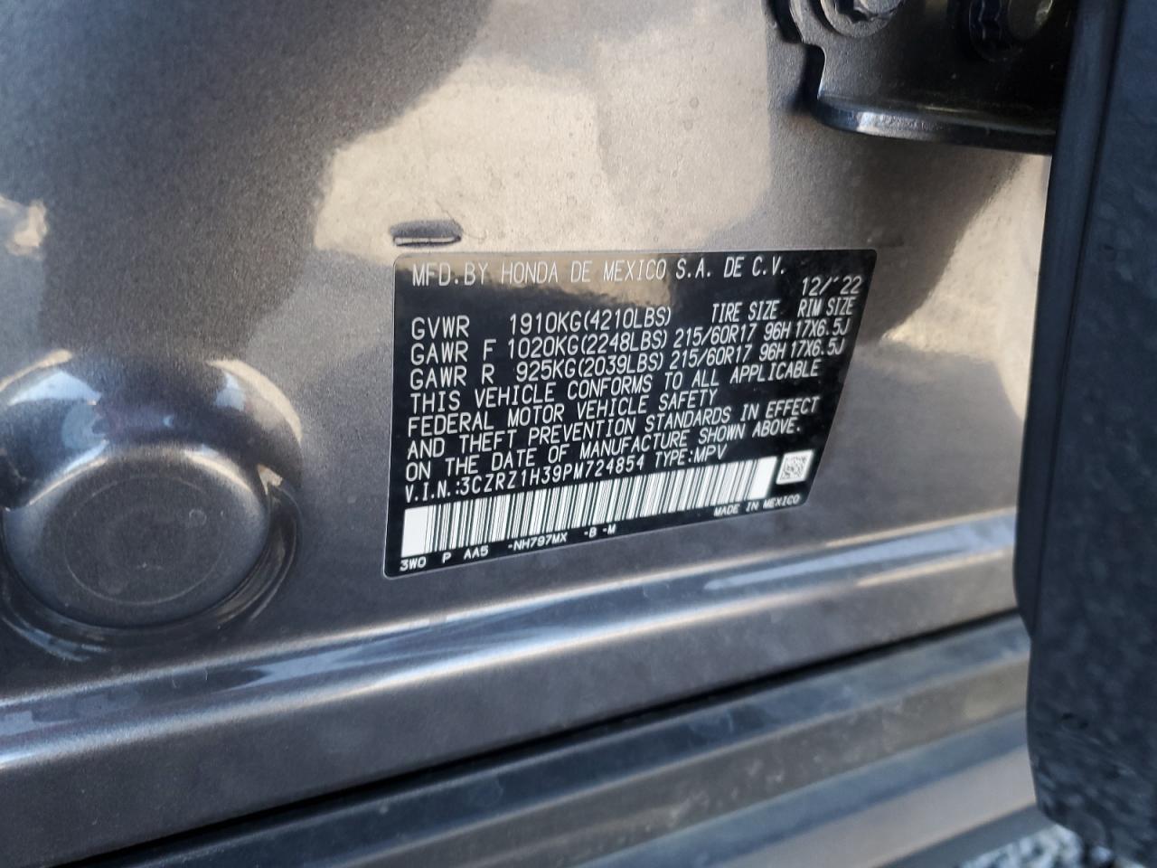2023 HONDA HR-V LX VIN:3CZRZ1H39PM724854