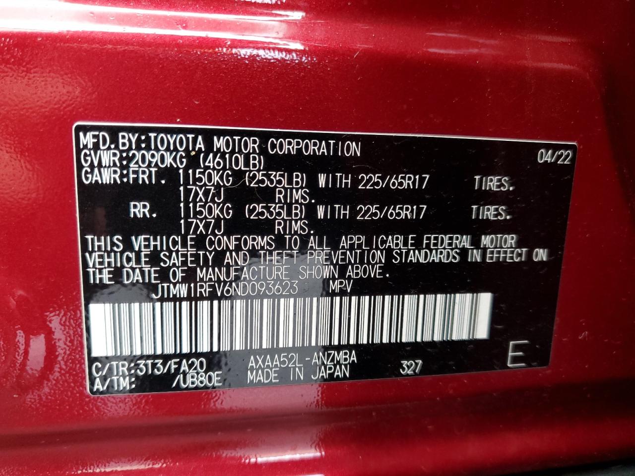 2022 TOYOTA RAV4 XLE VIN:JTMW1RFV6ND093623