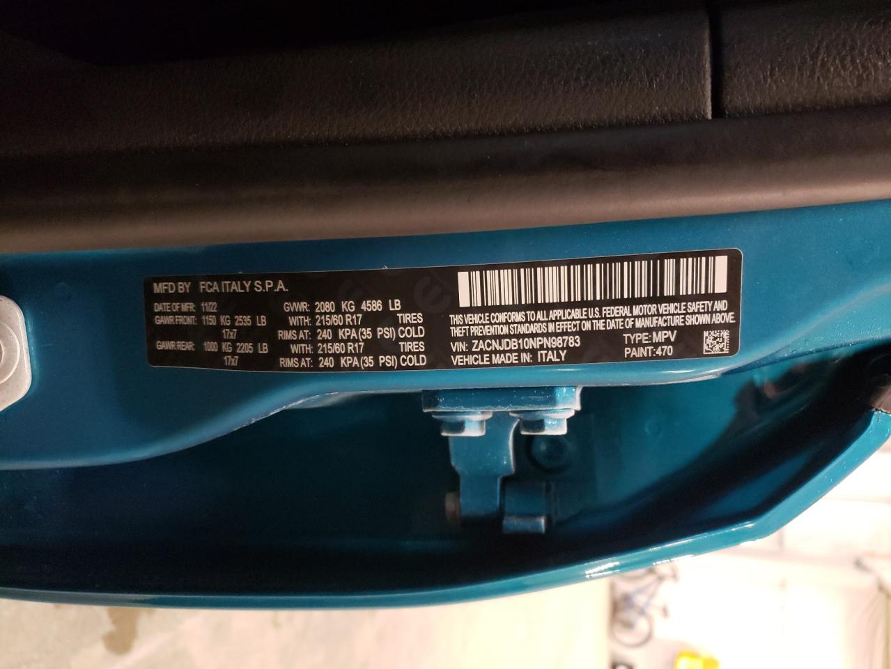 2022 JEEP RENEGADE LATITUDE VIN:ZACNJDB10NPN98783