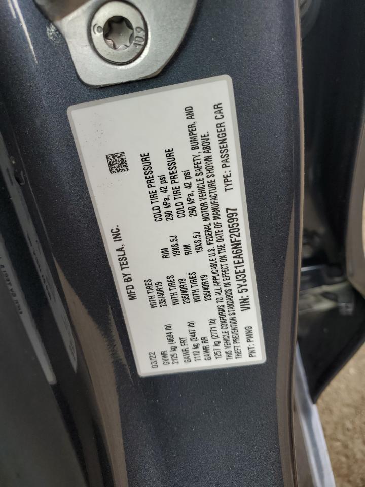 2022 TESLA MODEL 3  VIN:5YJ3E1EA6NF205997