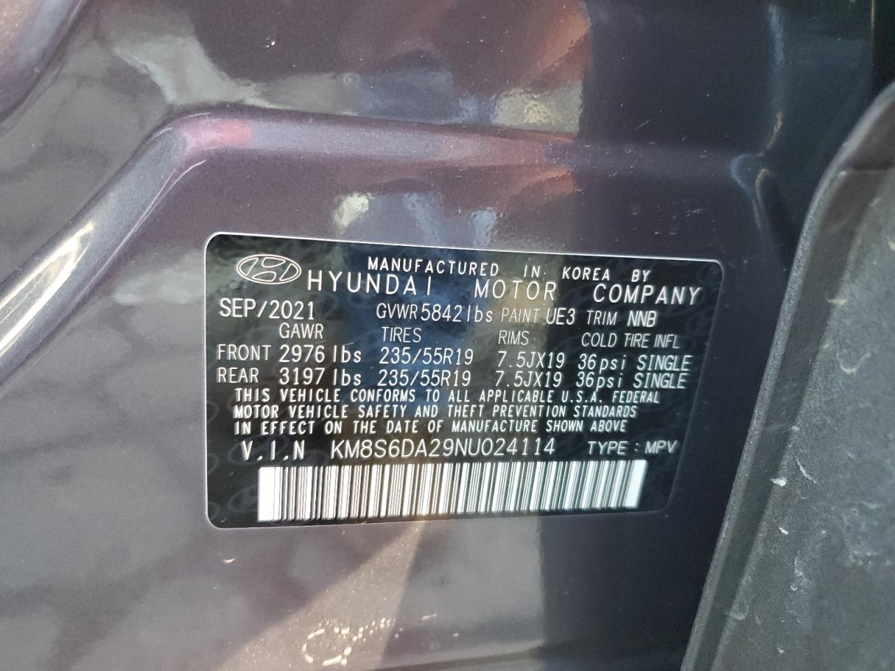 2022 HYUNDAI SANTA FE SEL VIN:KM8S6DA29NU024114