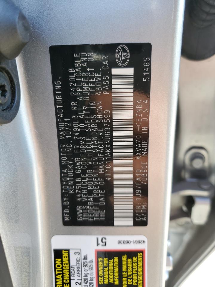 2022 TOYOTA CAMRY LE VIN:4T1C11AKXNU637599