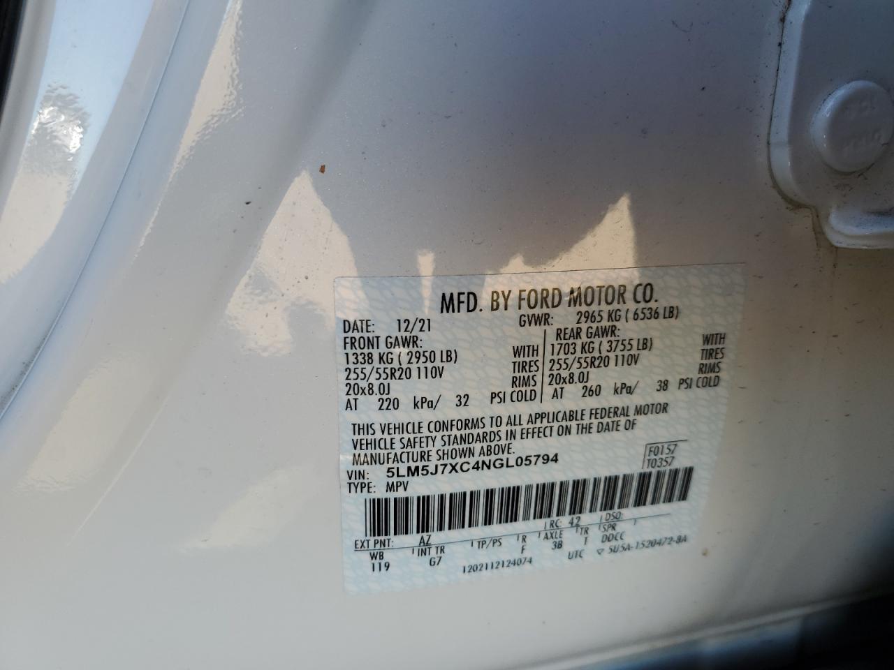 2022 LINCOLN AVIATOR RESERVE VIN:5LM5J7XC4NGL05794