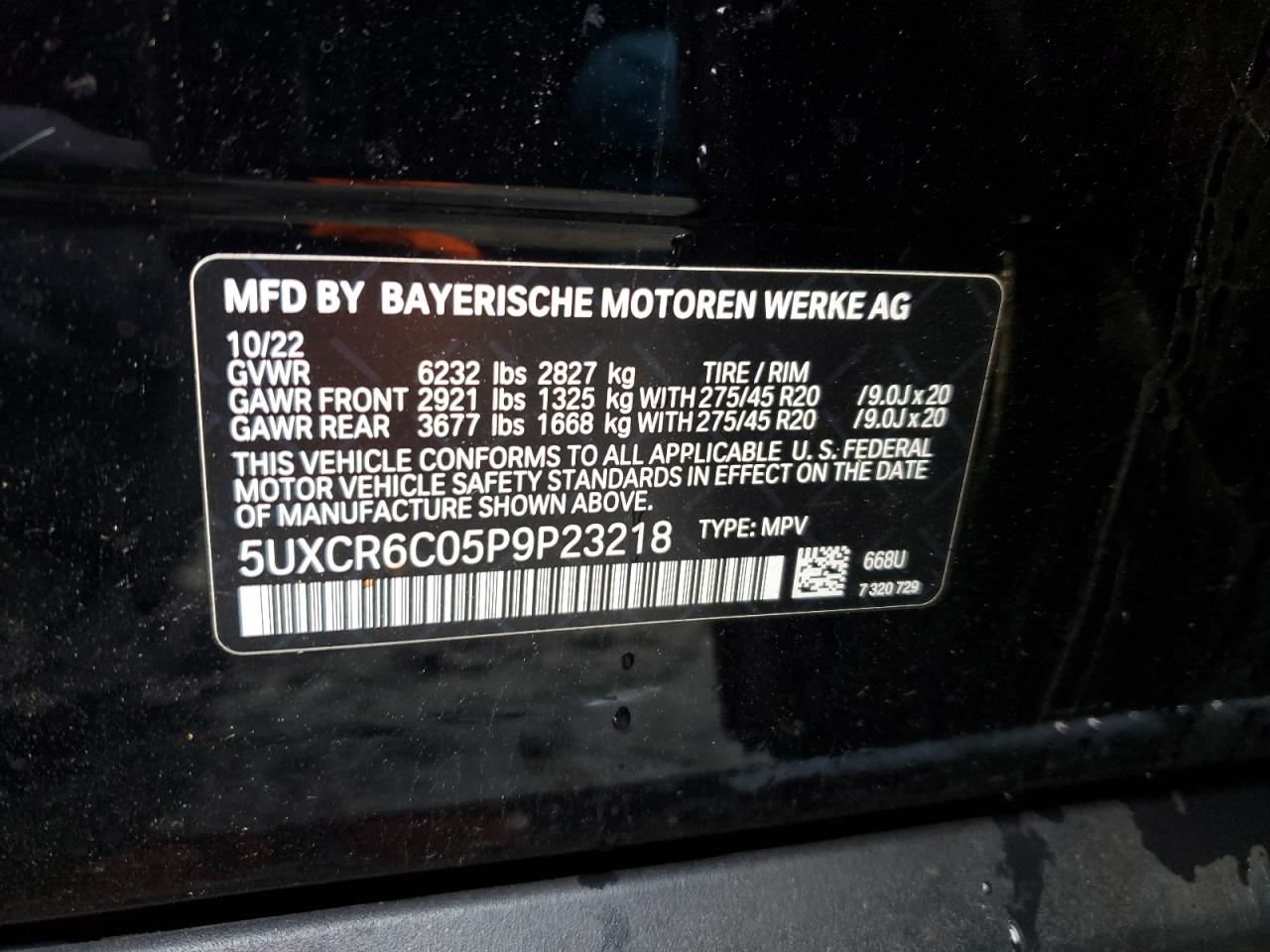 2023 BMW X5 XDRIVE40I VIN:5UXCR6C05P9P23218