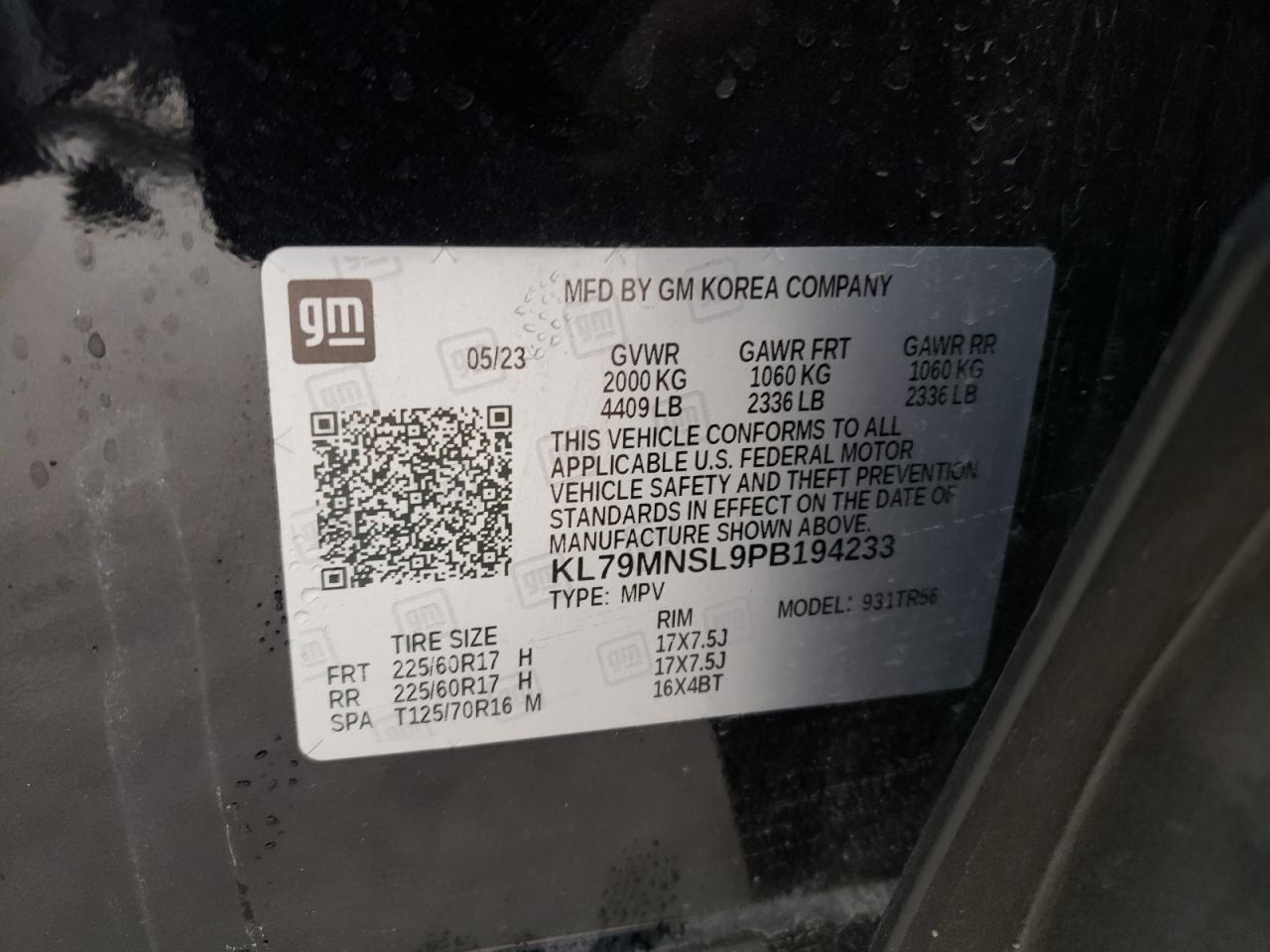 2023 CHEVROLET TRAILBLAZER LS VIN:KL79MNSL9PB194233