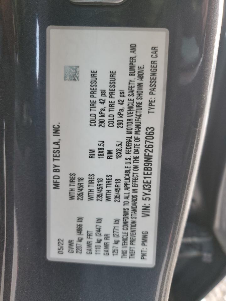 2022 TESLA MODEL 3  VIN:5YJ3E1EB9NF267063