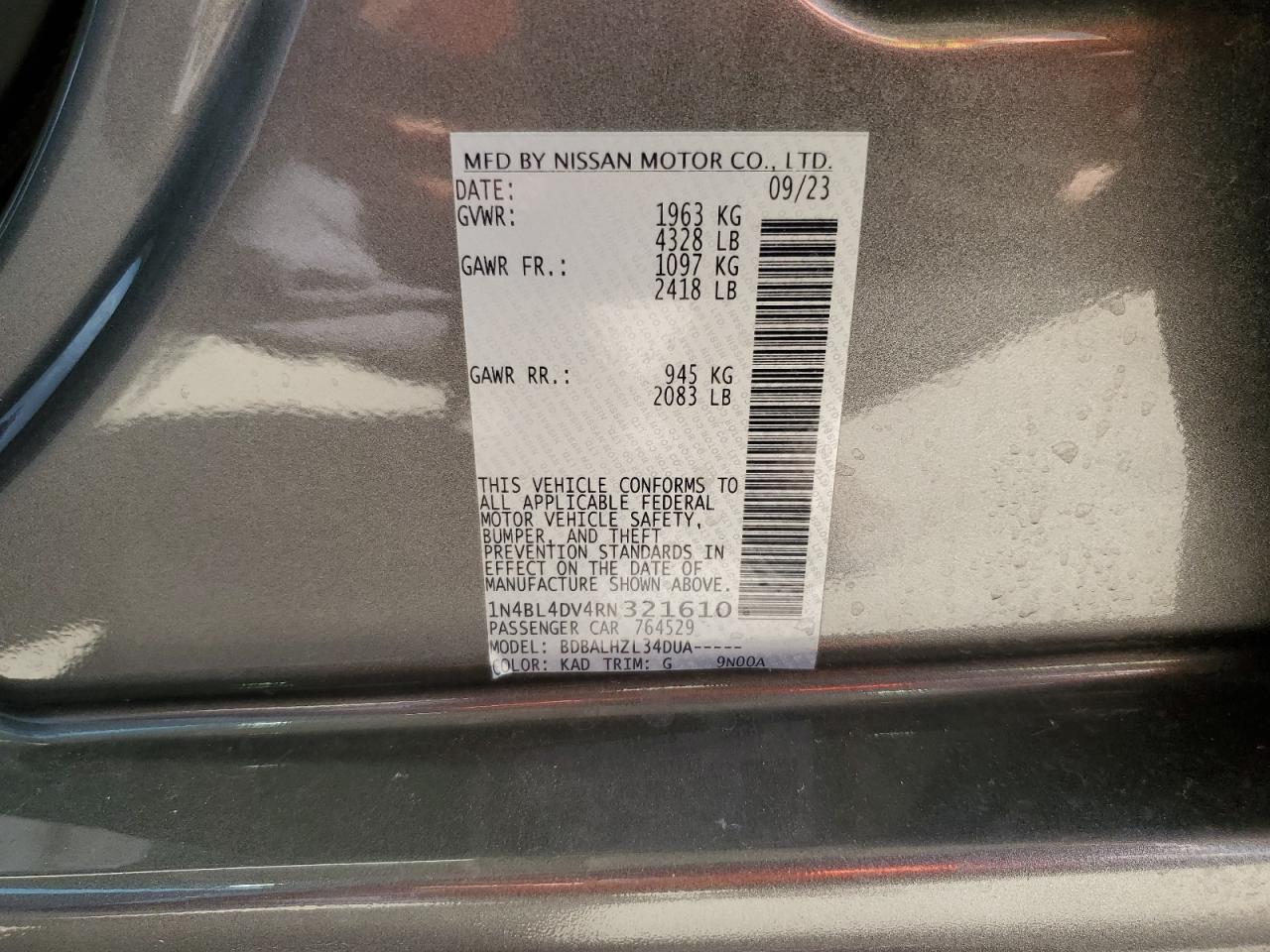 2024 NISSAN ALTIMA SV VIN:WP0AA2A8XNS255297