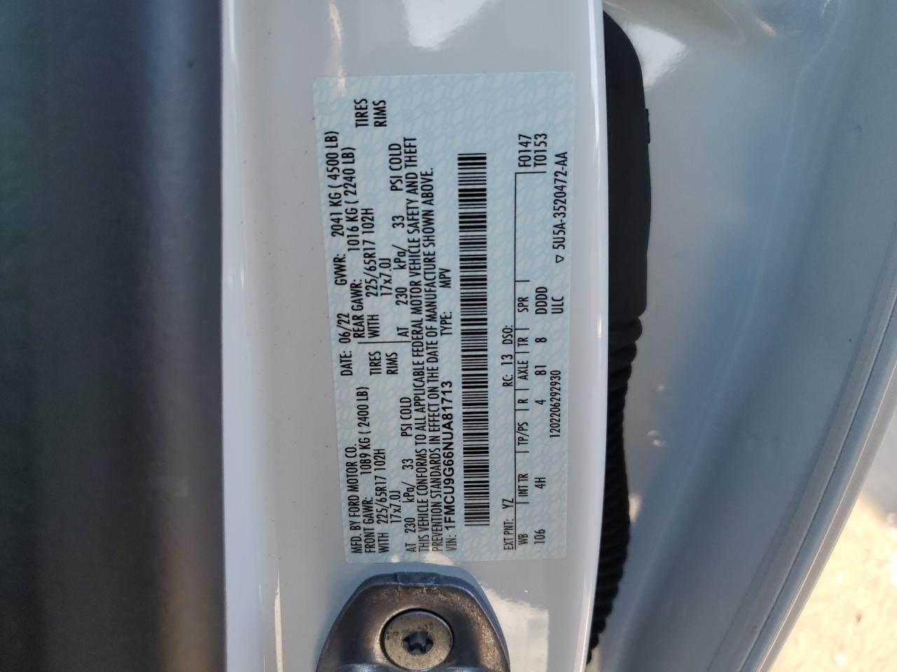 2022 FORD ESCAPE SE VIN:1FMCU9G66NUA81713