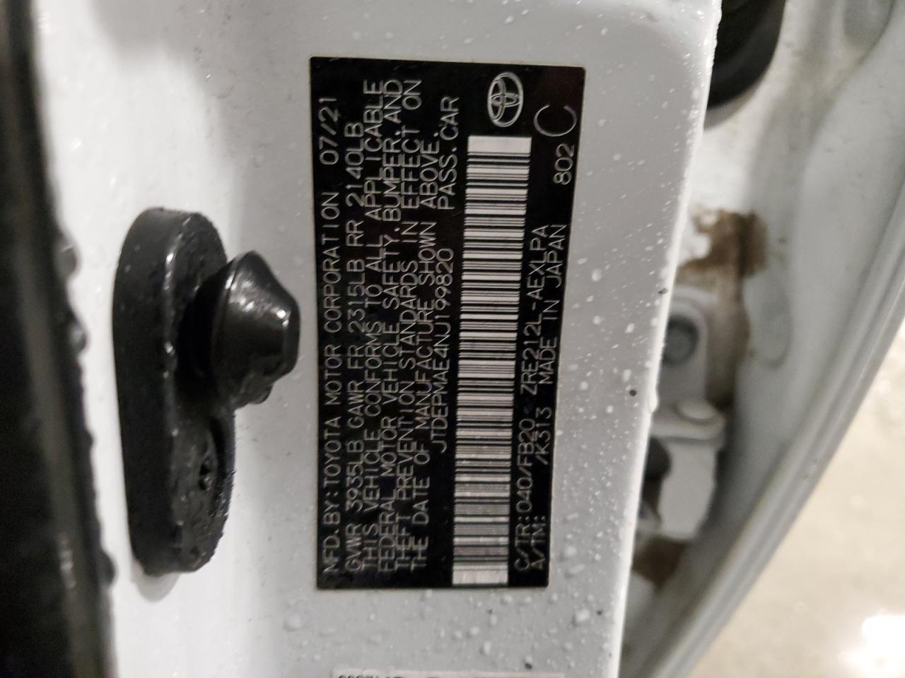 2022 TOYOTA COROLLA LE VIN:JTDEPMAE4NJ199820