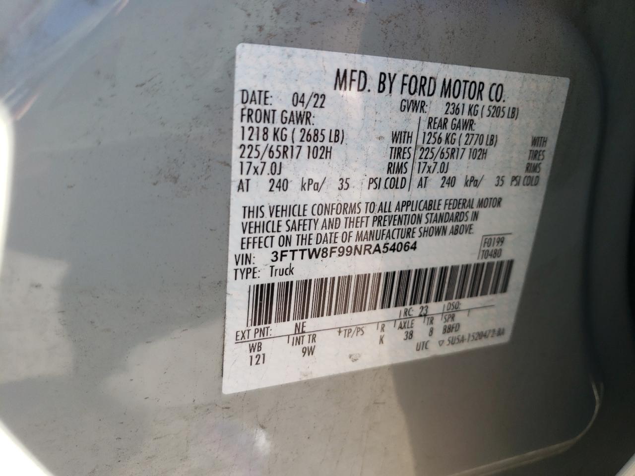 2022 FORD MAVERICK XL VIN:3FTTW8F99NRA54064