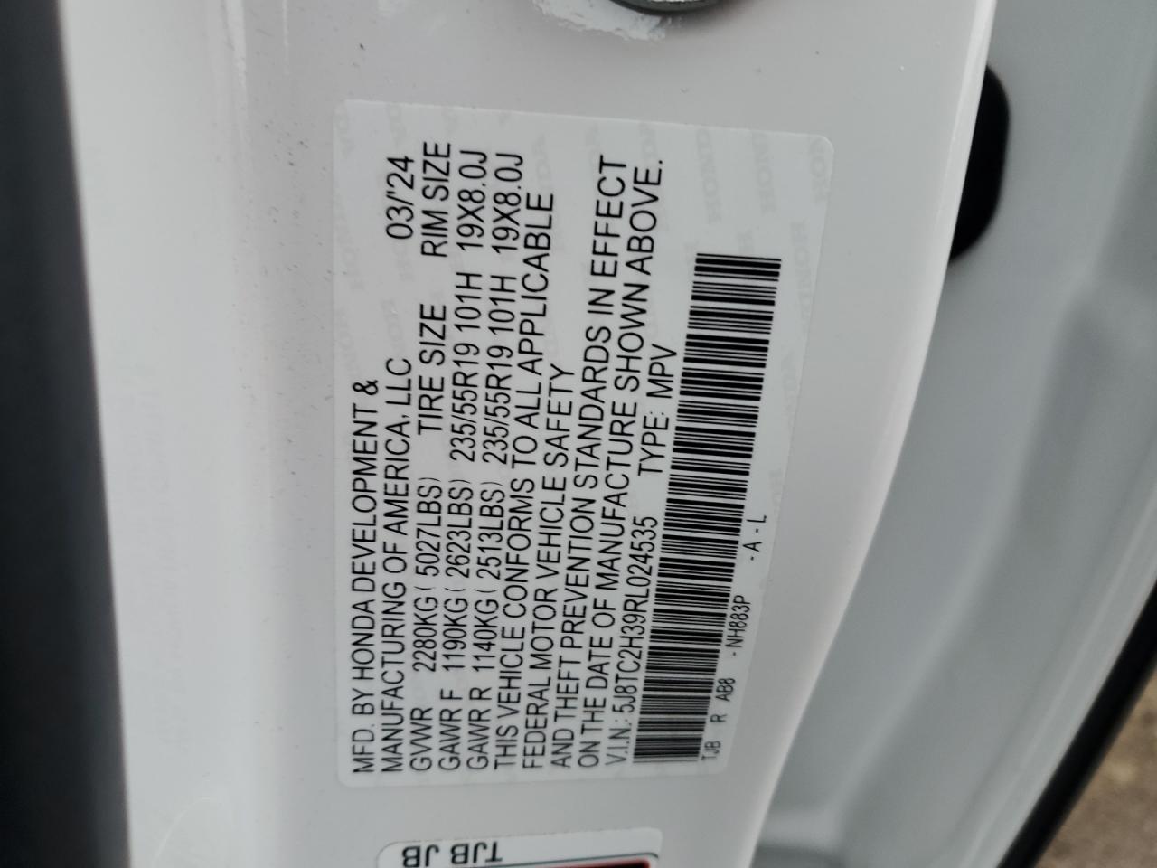 2024 ACURA RDX  VIN:5J8TC2H39RL024535