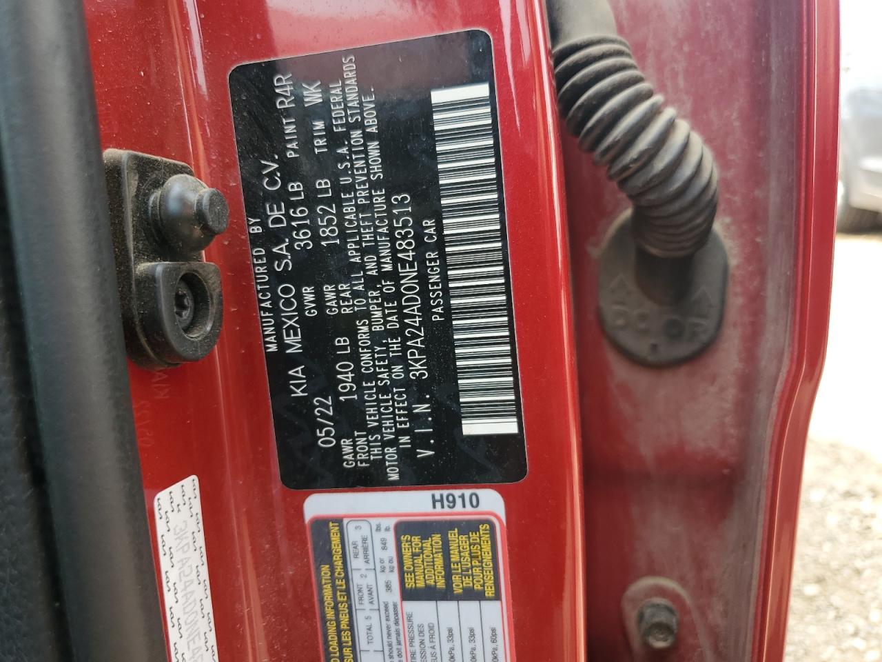 2022 KIA RIO LX VIN:3KPA24AD0NE483513