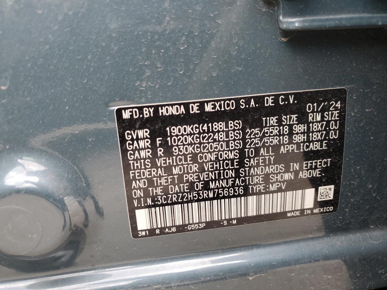 2024 HONDA HR-V SPORT VIN:3CZRZ2H53RM756936