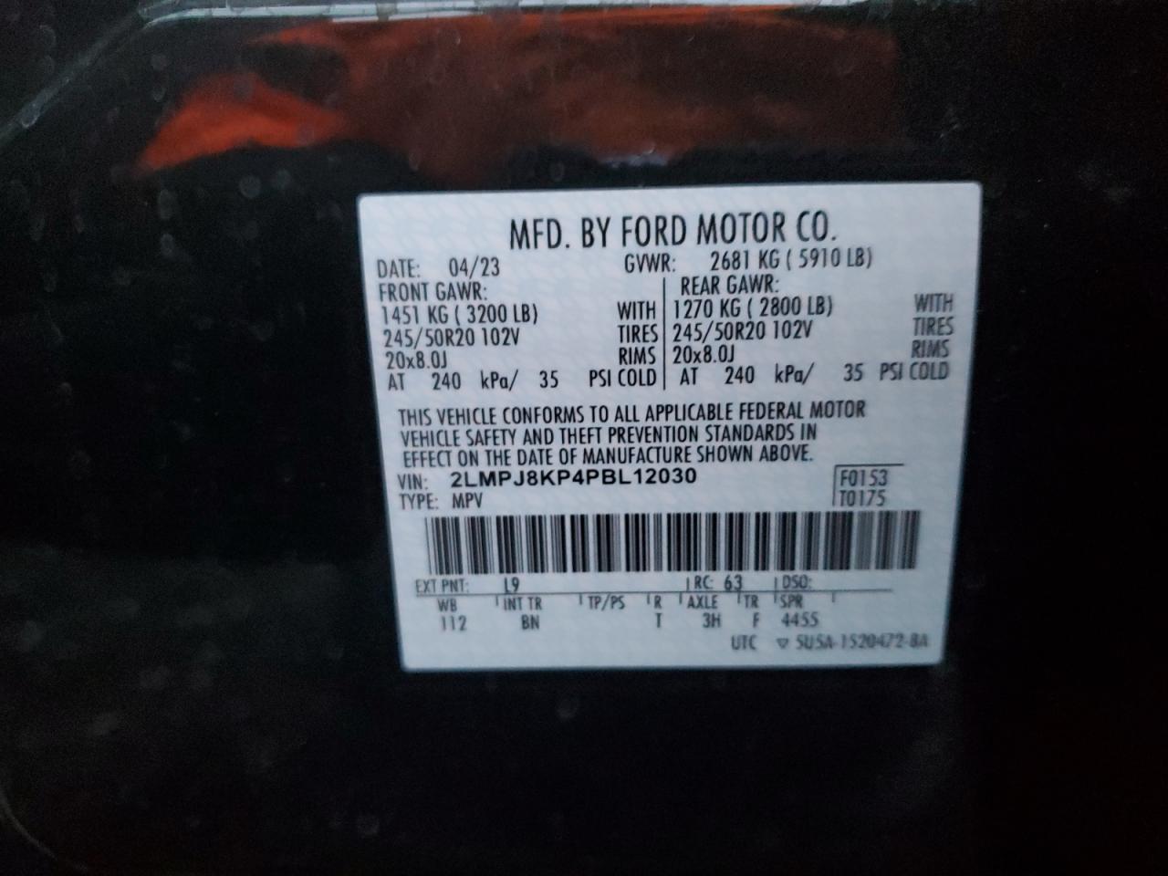 2023 LINCOLN NAUTILUS RESERVE VIN:2LMPJ8KP4PBL12030