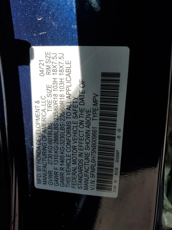 2022 HONDA ODYSSEY EXL VIN:5FNRL6H75NB009661